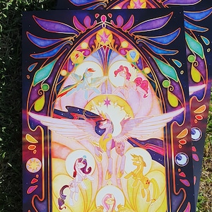 May include: A colorful stained glass style illustration of the My Little Pony characters Twilight Sparkle, Rainbow Dash, Pinkie Pie, Fluttershy, Applejack, and Rarity. The characters are depicted with their signature colors and symbols, and the background is a vibrant mix of purple, blue, and yellow.