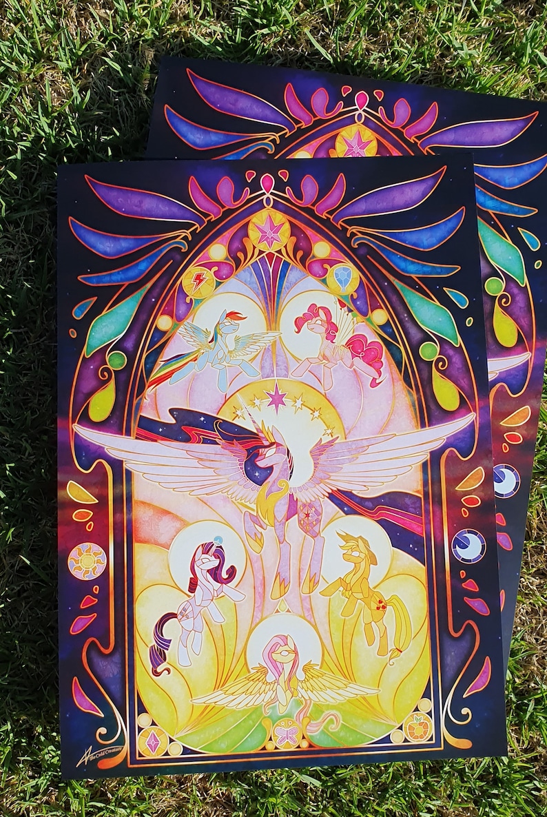 May include: A colorful stained glass style illustration of the My Little Pony characters Twilight Sparkle, Rainbow Dash, Pinkie Pie, Fluttershy, Applejack, and Rarity. The characters are depicted with their signature colors and symbols, and the background is a vibrant mix of purple, blue, and yellow.