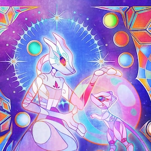 Mewtwo Mew Evolution - Stained Glass A3 Art Print - Pocket Monster