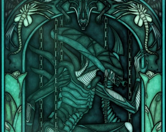 Xenomorph glas-in-lood A3-print - Alien Queen - Kunstafdruk