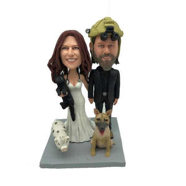custom couple bobbleheads with dog pig cat,wedding bobbleheads for groom and bride in wedding dress and suits helmet with night vision