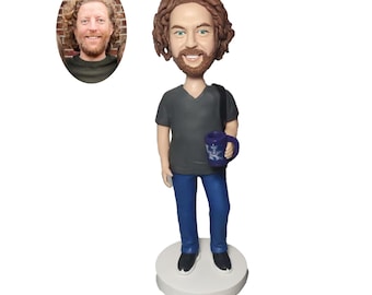 Personalized Bobblehead with Coffee Cup: Custom Polymer Clay Doll