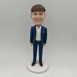 Blue Suit Character Bobblehead,Unique Handcrafted Polymer Clay Sculpture,Custom man Bobblehead Statue