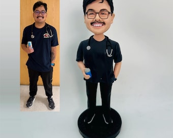 Figura cabezona de cirujano personalizada con estetoscopio en negro, figuras cabezonas de médicos personalizadas, regalos de aniversario para enfermeras y dentistas.