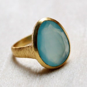 Aqua Chalcedony Ring, 925 Sterling Silver Ring, Gold Plated Ring, Textured Band Ring, Handmade Ring, Proposal Ring, Wedding ring, Stack Ring