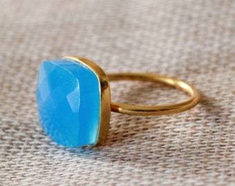 Blue Chalcedony Ring, Sterling Silver Ring, Gold Plated Ring, Proposal Ring, Stack Ring, Square Chalcedony Ring, Dainty Ring, Everyday Ring