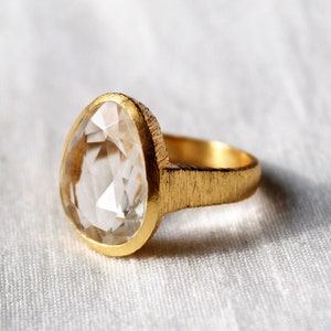 Rock Crystal Ring, Sterling Silver Ring, Crystal Ring, Clear Quartz Ring, Dainty Ring, Gold Plated, Statement Ring, Healing Stone, Textured
