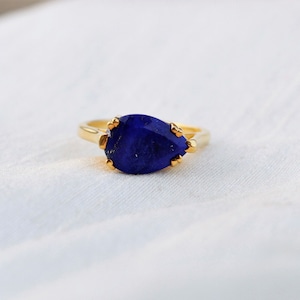 Natural Lapis Lazuli Ring, Lapis Gold Plated Ring, 925 Sterling Silver Ring, Everyday Ring, Stackable Ring, Proposal Ring, Pear Lapis Lazuli