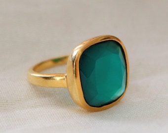 Green Onyx Ring, Sterling Silver Ring, Gold Plated Ring, Square Green Onyx Ring, Handmade Ring, Engagement Ring, Wedding ring, Everyday Ring
