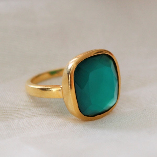 Green Onyx Ring, Sterling Silver Ring, Gold Plated Ring, Square Green Onyx Ring, Handmade Ring, Engagement Ring, Wedding ring, Everyday Ring