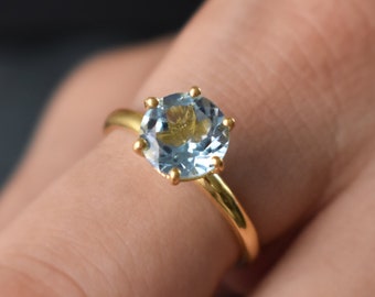 Blue Topaz Ring, 925 Sterling Silver Ring, Gold Plated, Proposal Ring, Statement Ring, Wedding ring, Promise Ring, November Birthstone Ring