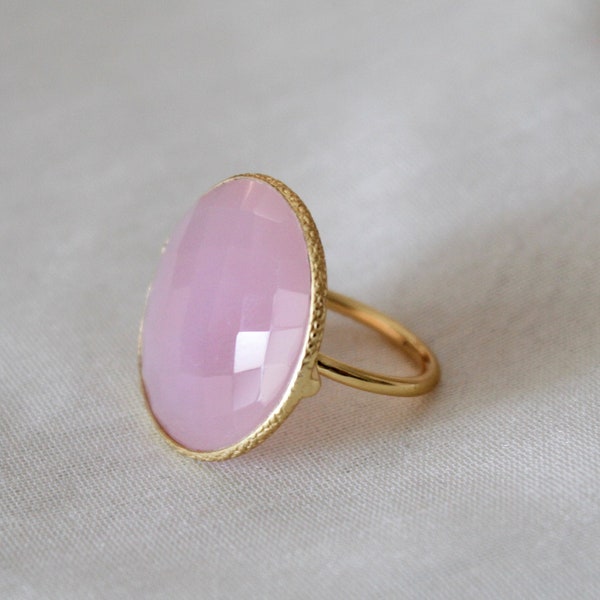 Pink Chalcedony Ring, Sterling Silver Ring, Gold Plated Ring, Proposal Ring, Stacking Ring, Round Pink Chalcedony Ring, Statement Ring