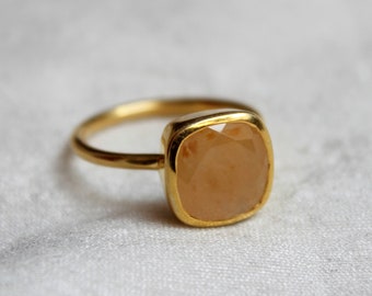Orange Moonstone Ring, Orange Moonstone Sterling Silver Ring, Gold Plated, Stacker Ring, Promise Ring, Handmade Ring, Unique Moonstone Ring