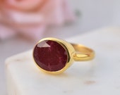 Ruby Ring, Ruby Sterling Silver Ring, Gold Plated Ring, Stack Ring, Engagement Ring, Dainty Ring, Pinky Ring, Lab Ruby Corundum, Oval Ruby
