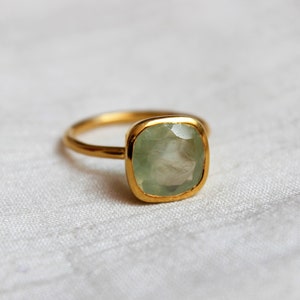 Prehnite Ring, Sterling Silver Ring, Gold Plated Ring, Green Prehnite Ring, Stacking Ring, Proposal Ring, Dainty Ring, Everyday Ring, Square