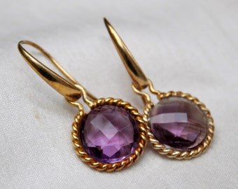 Orecchini ametista viola, oro placcato, Orecchini d'argento Sterling, Orecchini a goccia, Orecchini rotondi, orecchini di dichiarazione, orecchini ametista naturale