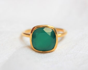 Green Onyx Ring, Sterling Silver Ring, Gold Plated Ring, Square Green Onyx Ring, Handmade Ring, Engagement Ring, Dainty Ring, Everyday Ring