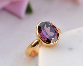 Anello in quarzo rodolite granato, anello in argento sterling 925, anello placcato in oro, anello impilabile, anello quotidiano fatto a mano, quarzo rodolite ovale