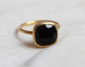 Black Onyx Ring, Sterling Silver Ring, Gold Plated Ring, Square Black Onyx Ring, Stacking Ring, Proposal Ring, Engagement Ring, Dainty Ring
