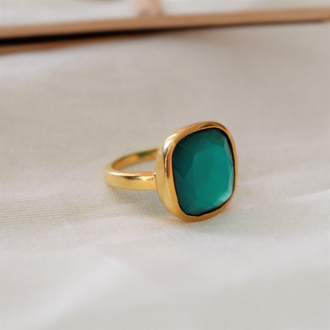 Green Onyx Ring, Sterling Silver Ring, Gold Plated Ring, Square Green
