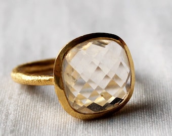Rock Crystal Ring, Sterling Silver Ring, Gold Plated Ring, White Crystal Ring, Clear Crystal, Textured Band, Crystal Quartz, Healing Stone