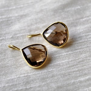 Brinco de prata, banhado a ouro, brinco de quartzo esfumaçado, brinco de prata esterlina, presente para ela, brincos, joias de prata, brinco de casamento