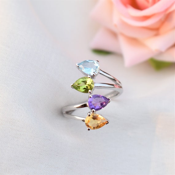 Blue Topaz Ring Stacked Multistone Teardrop Shape Stones Sterling Silver Blue Topaz Ring Stacked Multistone Teardrop Shape Stones Sterling Silver