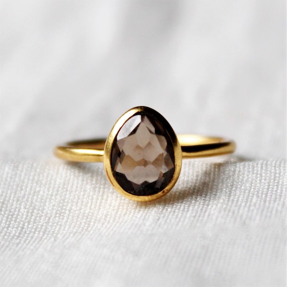 Dainty Ring Smokey Quartz Gemstone. Smoky Quartz Ring Handmade Ring Gold Plated Promise Ring 925 Sterling Silver Ring Stacking Ring