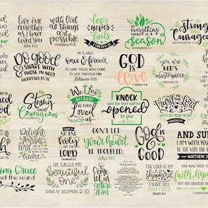 May include: A selection of motivational quotes and Bible verses in diverse fonts and styles, with green and black text on a light wood-grain background. Phrases include "God is Love" and "Be Strong and Courageous."