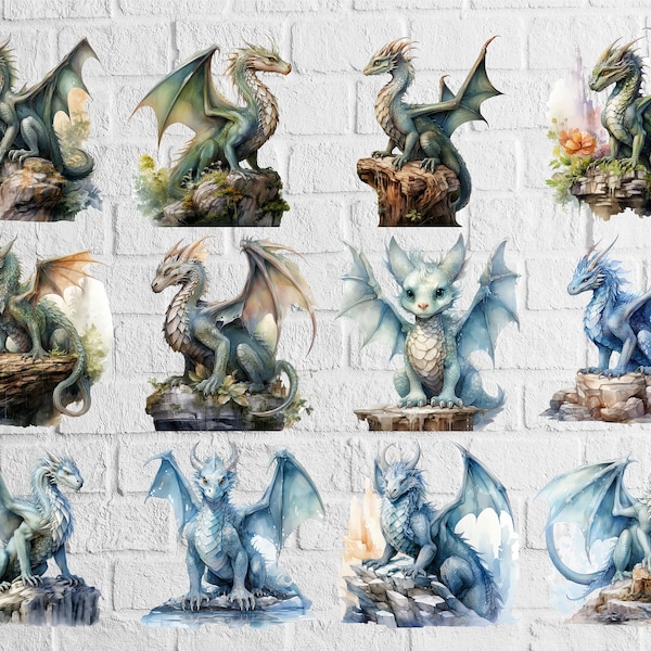 Watercolor Fantasy Dragons Bundle, Fictional Creature Clipart, PNG Dragons, Commercial use