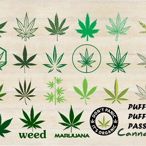 May include: A collection of green cannabis leaf illustrations in various styles. The image includes the words "weed," "marijuana," and "Cannabis," along with a circular design that reads "Don't Panic It's Organic."