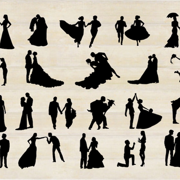 BRIDE and GROOM SILHOUETTE, Bride and Groom Vector Bundle Clipart, Wedding set, svg/png/ai/pdf/jpeg cut files