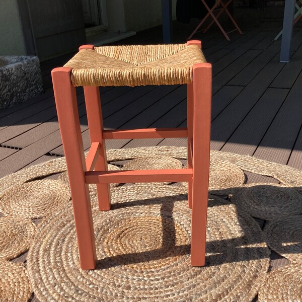 tabouret bas bois et paille tabouret ancien en bois tabouret paillé petit tabouret vintage chambre d'enfant décoration bohême upcycling