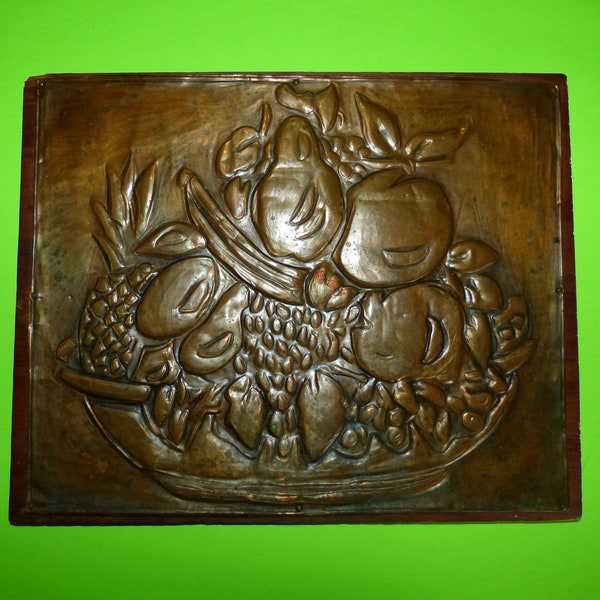 Wall Hanging Embossed Copper Artwork Mounted on Wood Signed Harriet Ney on back.