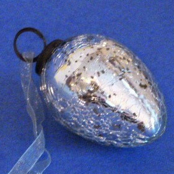 Vintage Crackle Glass Egg Ornament Silver Bronze Cap Ribbon 3”