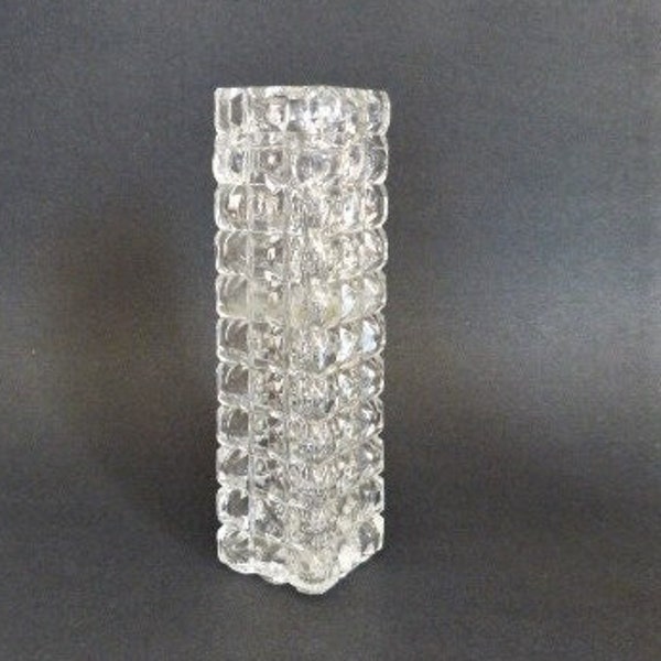Highly Faceted Clear Glass Square Column Vase Heavy Glass 6.75” x 2”