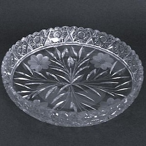 American Brilliant Cut Glass Bowl Frosted Daisies Sawtooth Rim Kitchenware 3&quot; x 9&quot;