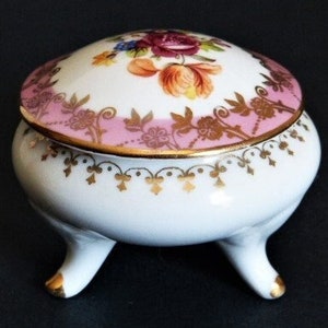 PORZELLANWERK MARTINRODA (PM) Germany Trinket Box Lidded Round 3 Footed Pink White Floral 2” x 2.5”