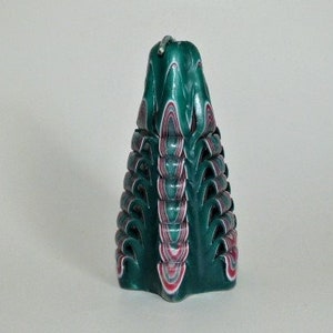 Carved Christmas Tree Shaped Candle Green Red White Ribbon Pattern Accent Hand Made 5” x 2.25