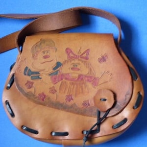 Vintage Leather Purse Cartoon Characters Light Brown Black Stitching Leather Strap 8.25” x 10”