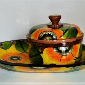 Hand Painted Lacquered Wooden Lidded Bowl & Oval Undertray Folk Art Tropical Island Fiesta Puerto Vallarta Mexico Signed