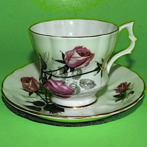ROYAL WINDSOR Teacup Coffee Cup & Saucer Pink Yellow Roses Gold Accents Footed Scalloped Fine Bone China Made In England