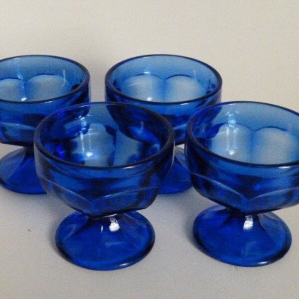 Cobalt Blue Glass Dessert Cups Set Of 4 Pedestal 6 Panels 3” x 3”