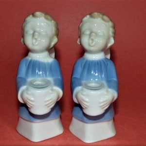 Singing Angel Candle Holders Set Of 2 Glazed Ceramic Made In Japan 4.5” x 1.75”
