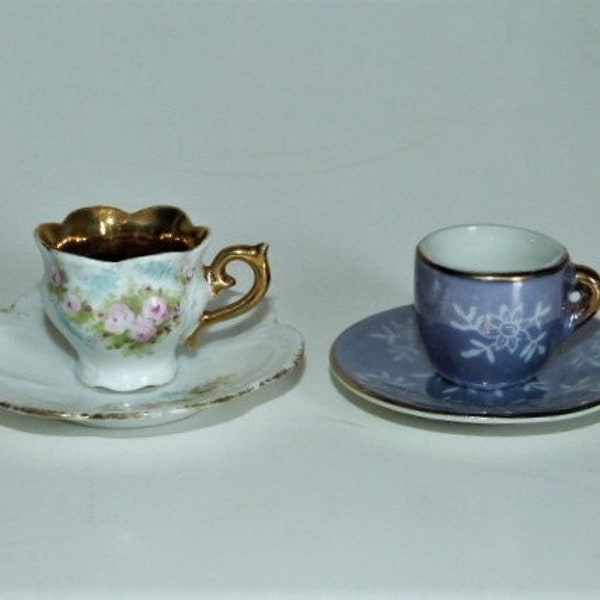 Tea Cups and Saucers Minis Porcelain Set of 2 White and Purple-Blue