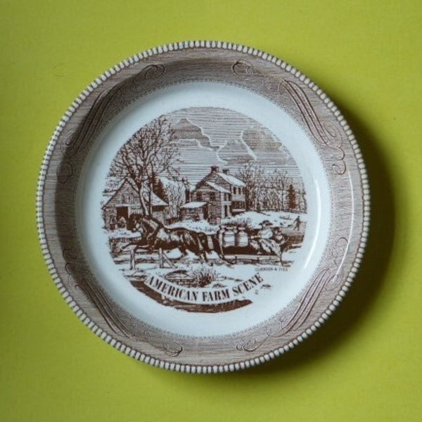 ROYAL CHINA By Jeannette 10” Pie Plate Brown White Stoneware American Farm Scene Currier & Ives Americana Kitchenware Bakeware Made in USA