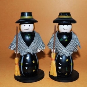 Witch Taper Candle Holders Set Of 2 Wooden Halloween Décor 6” x 3”