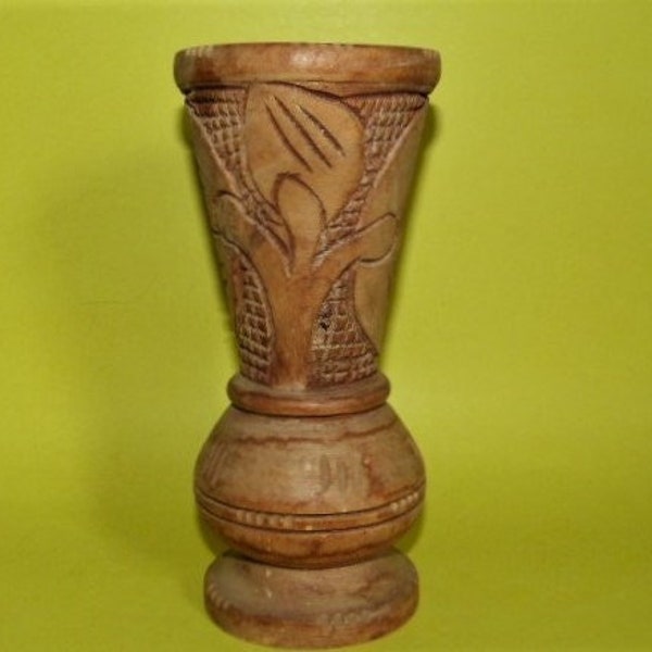 Carved Wood Rustic Vase Exotic Flowers Round Base 9” x 4”