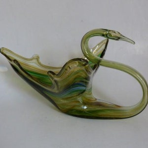 Hand Blown Green Glass Swan Green White Blue Swirls Mid Century Table Decor 5.5&quot; x 13&quot; x 10.25&quot;