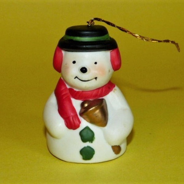 GIFTCO Snowman Bell Ringer Hand Painted Fine Bisque Porcelain Bell 1985 Christmas Holiday Décor 2.75” NIB
